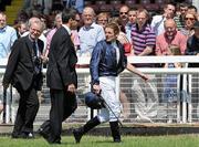 27 June 2010; Jockey Johnny Murtagh makes his way back the jockey's room with trainer Aiden O'Brien after comming off Petronius Maximus during the Dubai Duty Free Full of Surprises European Breeders Fund Maiden. Irish Derby Festival, the Curragh Racecourse, Curragh, Co. Kildare. Picture credit: Matt Browne / SPORTSFILE