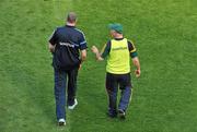 27 June 2010; Dublin manager Pat Gilroy, left, and Meath manager Eamon O'Brien head across the pitch to the Cusack Stand dressing rooms after the game. Leinster GAA Football Senior Championship Semi-Final, Meath v Dublin, Croke Park, Dublin. Picture credit: Brendan Moran / SPORTSFILE
