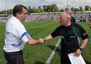 27 June 2010; Monaghan manager Seamus McEnaney shakes hands with referee Marty Duffy before the game. Ulster GAA Football Senior Championship Semi-Final, Fermanagh v Monaghan, Kingspan Breffni Park, Cavan. Picture credit: Oliver McVeigh / SPORTSFILE