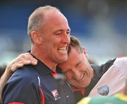 27 June 2010; Louth manager Peter Fitzpatrick, right, celebrates with former county player Seamus O'Hanlon after the game. Leinster GAA Football Senior Championship Semi-Final, Westmeath v Louth, Croke Park, Dublin. Picture credit: Brendan Moran / SPORTSFILE