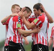 28 June 2010; Derry City's Darren Cassidy, second from left, is congratulated by his team-mates after scoring his side's first goal. FAI Ford Cup Third Round Replay, Bray Wanderers v Derry City, Carlisle Grounds, Bray, Co. Wicklow. Photo by Sportsfile