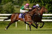 3 June 2016; War Decree, left, with Donnacha O'Brien up, races to the finishing post alongside Orderofthegarter, right, with Emmet McNamara up, on their way to winning the Irish Stallion Farms European Breeders Fund Maiden during the British Irish Chamber of Commerce Raceday in Leopardstown, Co. Dublin. Photo by Seb Daly/Sportsfile