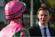 3 June 2016; Trainer Joseph O'Brien, right, in conversation with jockey Donnacha O'Brien after winning the Irish Stallion Farms European Breeders Fund Maiden with War Decree during the British Irish Chamber of Commerce Raceday in Leopardstown, Co. Dublin. Photo by Seb Daly/Sportsfile