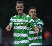 3 June 2016; David O'Connor, left, and Rob Cornwell of Shamrock Rovers celebrate their teams victory after the SSE Airtricity League Premier Division match between St Patrick's Athletic and Shamrock Rovers in Richmond Park, Dublin. Photo by David Fitzgerald/Sportsfile