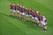 27 June 2010; The Westmeath team stand together for the national anthem before the game. Leinster GAA Football Senior Championship Semi-Final, Westmeath v Louth, Croke Park, Dublin. Picture credit: Brendan Moran / SPORTSFILE
