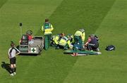 27 June 2010; A Westmeath player is attended to by medical personnel before being removed by stretcher from the pitch. Leinster GAA Football Senior Championship Semi-Final, Westmeath v Louth, Croke Park, Dublin. Picture credit: Brendan Moran / SPORTSFILE
