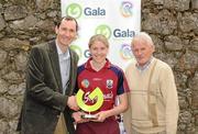 3 July 2010; Galway's Brenda Hanney is presented with the Gala Performance Award by Henry Walsh, Gala Regional Manager, left, and Camogie Representative Jackie Brien. Gala All-Ireland Senior Championship, Galway v Cork, Kenny Park, Athenry, Co. Galway. Picture credit: Diarmuid Greene / SPORTSFILE