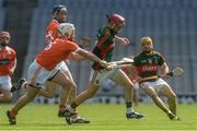 4 June 2016; Joseph McManus of Mayo in action against Nathan Curry and David Carvill, behind, of Armagh in the Nicky Rackard Cup Final between Armagh and Mayo in Croke Park, Dublin. Photo by Piaras Ó Mídheach/Sportsfile