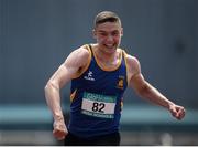4 June 2016; Aaron Sexton of Bangor Grammar reacts after winning the Intermediate Boys 100m at the GloHealth All Ireland Schools Track & Field Championships 2016. Tullamore Harriers Sports Complex, Co. Offaly Photo by Sam Barnes/Sportsfile
