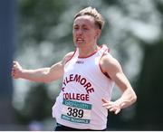 4 June 2016; Sean Lawlor of Kylemore College, Dublin, celebrates after winning the Senior Boys 100m at the GloHealth All Ireland Schools Track & Field Championships 2016. Tullamore Harriers Sports Complex, Co. Offaly Photo by Sam Barnes/Sportsfile