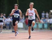 4 June 2016; Sean Lawlor of Kylemore College, Dublin,right, on his way to winning the Senior Boys 100m ahead of Graham Kerr of Sligo Grammer at the GloHealth All Ireland Schools Track & Field Championships 2016. Tullamore Harriers Sports Complex, Co. Offaly Photo by Sam Barnes/Sportsfile