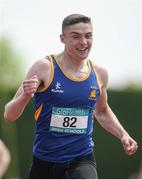 4 June 2016; Aaron Sexton of Bangor Grammar celebrates after winning the Intermediate Boys 200m at the GloHealth All Ireland Schools Track & Field Championships 2016. Tullamore Harriers Sports Complex, Co. Offaly Photo by Sam Barnes/Sportsfile