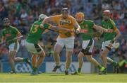 4 June 2016; Tony McCloskey of Antrim in action against Meath's, from left, Adam Gannon, Gavin McGowan and Steven Clynch in the Christy Ring Cup Final between Antrim and Meath in Croke Park, Dublin. Photo by Piaras Ó Mídheach/Sportsfile