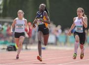 4 June 2016; Rhasidat Adeleke of Pres Terenure, centre, and Nikolka Stevankova of Laurel Hill SS, Limerick, competing in the Minor Girls 100m at the GloHealth All Ireland Schools Track & Field Championships 2016. Tullamore Harriers Sports Complex, Co. Offaly Photo by Sam Barnes/Sportsfile