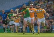 4 June 2016; Joe Keena of Meath in action against Conor McAuley and Neal McAuley, right, of Antrim the Christy Ring Cup Final between Antrim and Meath in Croke Park, Dublin. Photo by Piaras Ó Mídheach/Sportsfile