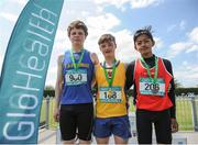 4 June 2016; Junior Boys Triple Jump medallists, from left, silver medialist Jack Ryan of Thurles CBS, gold medialist Ethan Williamson of Clounagh Junior HS, and bronze medialist Wymin Sivakumar of Col. an Spioraid Naoimh, Cork, at the GloHealth All Ireland Schools Track & Field Championships 2016. Tullamore Harriers Sports Complex, Co. Offaly Photo by Sam Barnes/Sportsfile
