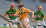 4 June 2016; Paddy Burke of Antrim in action against Steven Clynch, left, and Adam Gannon of Meath in the Christy Ring Cup Final between Antrim and Meath in Croke Park, Dublin. Photo by Piaras Ó Mídheach/Sportsfile