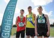4 June 2016; Intermediate Boys Javelin medallists, from left, silver medallist Dylan Kearns of St Catherine's Killybegs, gold medallist Liam Connaughton of St Mary's Dundalk, and bronze medallist Stuart Wightman of Campbell College Belfast at the GloHealth All Ireland Schools Track & Field Championships 2016. Tullamore Harriers Sports Complex, Co. Offaly Photo by Sam Barnes/Sportsfile