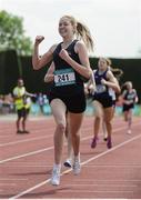 4 June 2016; Amy NíhAmaill of Colaiste Oiriall, Monaghan, celebrates winning the Senior Girls 800m at the GloHealth All Ireland Schools Track & Field Championships 2016. Tullamore Harriers Sports Complex, Co. Offaly Photo by Sam Barnes/Sportsfile