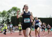 4 June 2016; Amy NíhAmaill of Colaiste Oiriall, Monaghan, celebrates winning the Senior Girls 800m at the GloHealth All Ireland Schools Track & Field Championships 2016. Tullamore Harriers Sports Complex, Co. Offaly Photo by Sam Barnes/Sportsfile