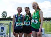 4 June 2016; Junior Girls 800m medallists, from left, Caoimhe O'Brien of Loreto, Mullingar, silver, Daniella Jansen of St Columba's, Stranolar, gold, and Caragh Ni Mheachair of GC Ceatharlach, bronze, at the GloHealth All Ireland Schools Track & Field Championships 2016. Tullamore Harriers Sports Complex, Co. Offaly Photo by Sam Barnes/Sportsfile