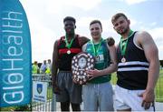 4 June 2016; Senior Boys Discus medallists, from left, Anu Awonusi of Kilkenny College, silver, Eoin Sheridan of St Finians, Mullingar, gold, and Tom De-Jongh of Belvedere College, Dublin, bronze, at the GloHealth All Ireland Schools Track & Field Championships 2016. Tullamore Harriers Sports Complex, Co. Offaly Photo by Sam Barnes/Sportsfile