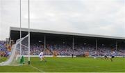 4 June 2016; Diarmuid Connolly of Dublin strikes a penalty which was saved by Graham Brody of Laois in the Leinster GAA Football Senior Championship Quarter-Final match between Laois and Dublin in Nowlan Park, Kilkenny. Picture credit: Dáire Brennan / SPORTSFILE