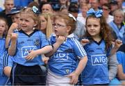 4 June 2016; Dublin supporters Mollie Og Langan, age 5, her cousin Lilie Langan, age 4, and Ella O'Dowd, age 4, all from the Naomh Fionnbarra GAA Club in Cabra, before the Leinster GAA Football Senior Championship Quarter-Final match between Laois and Dublin in Nowlan Park, Kilkenny. Photo by Ray McManus/Sportsfile