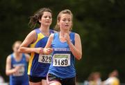 3 July 2010; Siobhan Heylin, Waterford, in action ahead of Sarah Kavanagh, Roundwood & District, in the U-17 Girl's 1200m Steeplechase, during the Woodie's DIY AAI Juvenile Track & Field Championships. Tullamore Harriers Stadium, Tullamore, Co. Offaly. Picture credit: Barry Cregg / SPORTSFILE