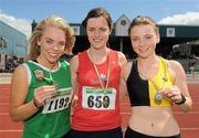 4 July 2010; Winner of the U18 Girls's 300m Hurdles Louise Harvey, Tir Chonaill, centre, with second place Christine Neville, Blarney/Inniscara, left, and third place Laura Langton, Kilkenny City Harriers, during the Woodie's DIY AAI Juvenile Track & Field Championships. Tullamore Harriers Stadium, Tullamore, Co. Offaly. Picture credit: Brian Lawless / SPORTSFILE