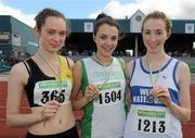 4 July 2010; Winner of the U19 Girl's High Jump Cathriona Farrell, Craughwell, centre, with second place Mary Kate Flannagan, left, and third place Claire Collins, West Waterford, during the Woodie's DIY AAI Juvenile Track & Field Championships. Tullamore Harriers Stadium, Tullamore, Co. Offaly. Picture credit: Brian Lawless / SPORTSFILE