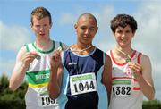 4 July 2010; Winner of the U19 Boy's Triple Jump Shane Prout, Carrick-on-Suir, centre, with second place Diarmuid Hickey, left, and third place David Healy, Ballina, during the Woodie's DIY AAI Juvenile Track & Field Championships. Tullamore Harriers Stadium, Tullamore, Co. Offaly. Picture credit: Brian Lawless / SPORTSFILE