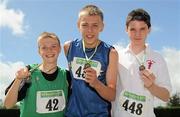 4 July 2010; Winner of the U14 Boy's High Jump Ryan McTeer, centre, with second place Keith Marks, Cushinstown, left, and third place Jamie Graham, Regent House, during the Woodie's DIY AAI Juvenile Track & Field Championships. Tullamore Harriers Stadium, Tullamore, Co. Offaly. Picture credit: Brian Lawless / SPORTSFILE