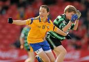 4 July 2010; Dara Gray, Na Fianna, Dublin, celebrates after scoring his side's 1st goal in front of a dejected Luke McGrath, Douglas, Cork, in the Division 1 Boys Final. Coca-Cola GAA Féile Peil na nÓg Finals 2010, Celtic Park, Derry. Photo by Sportsfile