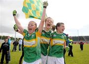 4 July 2010; Claregalway, Galway, players Ciara Burke, left, Siobhan Gavin and Karen Dowd, right, celebrate after beating St. Laurences, Kildare in the Division 1 Girls Final. Coca-Cola GAA Féile Peil na nÓg Finals 2010, Celtic Park, Derry. Photo by Sportsfile