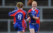4 July 2010; Mairead Hynes, right, New York, celebrates with team-mate Mairead Ruane, after scoring her side's 2nd goal against Tinryland Bennekerry, Carlow, in the Division 4 Girls Final. Coca-Cola GAA Féile Peil na nÓg Finals 2010, Celtic Park, Derry. Photo by Sportsfile