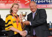 4 July 2010; Tinryland Bennekerry, Carlow, captain Lauren Dwyer receives the cup from Pat Quill, President, Cumann Peil Gael na mBan, after they beat New York in the Division 4 Girls Final. Coca-Cola GAA Féile Peil na nÓg Finals 2010, Celtic Park, Derry. Photo by Sportsfile