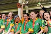 4 July 2010; Monagea, Limerick, captain Deborah Murphy lifts the cup alongside team-mates after they beat St. Laurence O'Tooles, Dublin, in the Division 2 Girls Final. Coca-Cola GAA Féile Peil na nÓg Finals 2010, Celtic Park, Derry. Photo by Sportsfile