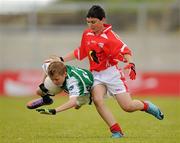 4 July 2010; Brendan Lawlor, Stradbally, Laois, in action against Michael Murphy, Moy Davitts, Mayo, in the Division 2 Boys Final. Coca-Cola GAA Féile Peil na nÓg Finals 2010, Celtic Park, Derry. Photo by Sportsfile