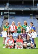 5 July 2010; 2010 marks the 10 year milestone of TG4’s sponsorship of the Ladies Football All Ireland Championships and the tenth year of the Ladies Football finals being televised by the national Irish language broadcaster. TG4 who became the title sponsors of the Ladies Football Championships in 2000 will broadcast 15 live championship games over the course of the summer. At the launch of the 2010 TG4 Ladies Football Championships at Croke Park are senior players, back row, from left, Mags O'Donoghue, Kerry, Michaela Downey, Down, Edel McManus, Leitrim, Philomena Sheridan, Meath, and Mairead Morrissey, Tipperary, middle row, from left, Aisling Holton, Kildare, Denise Masterson, Dublin, Emer Flaherty, Galway, and Yvonne Connell, Monaghan, with front row, from left, Sinead McLaughlin, Tyrone, Geraldine O'Flynn, Cork, and Jackie Mulligan, Sligo. Croke Park, Dublin. Picture credit: Brendan Moran / SPORTSFILE