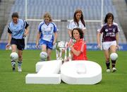 5 July 2010; 2010 marks the 10 year milestone of TG4’s sponsorship of the Ladies Football All Ireland Championships and the tenth year of the Ladies Football finals being televised by the national Irish language broadcaster. TG4 who became the title sponsors of the Ladies Football Championships in 2000 will broadcast 15 live championship games over the course of the summer. At the launch of the 2010 TG4 Ladies Football Championships at Croke Park is Geraldine O'Flynn, Cork, with fellow senior players, from left, Denise Masterson, Dublin, Yvonne Connell, Monaghan, Aisling Holton, Kildare, and Emer Flaherty, Galway. Croke Park, Dublin. Picture credit: Brendan Moran / SPORTSFILE