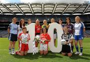 5 July 2010; 2010 marks the 10 year milestone of TG4’s sponsorship of the Ladies Football All Ireland Championships and the tenth year of the Ladies Football finals being televised by the national Irish language broadcaster. TG4 who became the title sponsors of the Ladies Football Championships in 2000 will broadcast 15 live championship games over the course of the summer. At the launch of the 2010 TG4 Ladies Football Championships at Croke Park are senior players, from left, Denise Masterson, Dublin, Aisling Holton, Kildare, Mags O'Donoghue, Kerry, Michaela Downey, Down, Edel McManus, Leitrim, Philomena Sheridan, Meath, Mairead Morrissey, Tipperary, and Yvonne Connell, Monaghan, with, front row, from left, Sinead McLaughlin, Tyrone, Geraldine O'Flynn, Cork, and Jackie Mulligan, Sligo. Croke Park, Dublin. Picture credit: Stephen McCarthy / SPORTSFILE