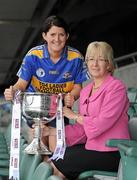 5 July 2010; 2010 marks the 10 year milestone of TG4’s sponsorship of the Ladies Football All Ireland Championships and the tenth year of the Ladies Football finals being televised by the national Irish language broadcaster. TG4 who became the title sponsors of the Ladies Football Championships in 2000 will broadcast 15 live championship games over the course of the summer. At the launch of the 2010 TG4 Ladies Football Championships at Croke Park is Minister for Tourism, Culture and Sport, Mary Hanafin, TD, with Mairead Morrissey, Tipperary. Croke Park, Dublin. Picture credit: Brendan Moran / SPORTSFILE