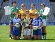 5 July 2010; 2010 marks the 10 year milestone of TG4’s sponsorship of the Ladies Football All Ireland Championships and the tenth year of the Ladies Football finals being televised by the national Irish language broadcaster. TG4 who became the title sponsors of the Ladies Football Championships in 2000 will broadcast 15 live championship games over the course of the summer. At the launch of the 2010 TG4 Ladies Football Championships at Croke Park are Intermediate players, back row, from left, Aoife McDonald, Fermanagh, Emer Casey, Roscommon, Caroline Kelly, Antrim, and Aine McBrien, Fermanagh, with, front row, from left, Michelle Ross, Longford, Layrena Murphy, Kilkenny, and Mary Foley, Waterford. Croke Park, Dublin. Picture credit: Brendan Moran / SPORTSFILE