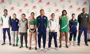 7 June 2016; Team Ireland athletes, from left to right, 400m hurdler Thomas Barr, gymnast Ellis O'Reilly, diver Oliver Dingley, 1500m runner Ciara Mageen, modern pentathlete Arthur Lanigan O'Keefe, boxer Katie Taylor, marathon runner Mick Clohisey, badminton player Chloe Magee and hockey player Davey Harte at the launch of the Team Ireland Olympics kit in Smock Alley Theatre, Dublin. Photo by Ramsey Cardy/Sportsfile