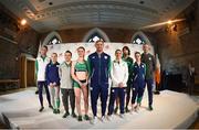 7 June 2016; Team Ireland athletes, from left to right, 400m hurdler Thomas Barr, gymnast Ellis O'Reilly, diver Oliver Dingley, 1500m runner Ciara Mageean, modern pentathlete Arthur Lanigan O'Keefe, boxer Katie Taylor, marathon runner Mick Clohisey, badminton player Chloe Magee and hockey player Davey Harte at the launch of the Team Ireland Olympics kit in Smock Alley Theatre, Dublin. Photo by Ramsey Cardy/Sportsfile