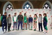 7 June 2016; Team Ireland athletes, from left to right, modern pentathlete Arthur Lanigan O'Keefe , diver Oliver Dingley, 400m hurdler Thomas Barr, hockey player Davey Harte, marathon runner Mick Clohisey, gymnast Ellis O'Reilly, 1500m runner Ciara Mageean, boxer Katie Taylor and badminton player Chloe Magee at the launch of the Team Ireland Olympics kit in Smock Alley Theatre, Dublin. Photo by Ramsey Cardy/Sportsfile