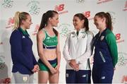 7 June 2016; Team Ireland athletes, from left to right, gymnast Ellis O'Reilly, 1500m runner Ciara Mageean, boxer Katie Taylor and badminton player Chloe Magee at the launch of the Team Ireland Olympics kit in Smock Alley Theatre, Dublin. Photo by Ramsey Cardy/Sportsfile