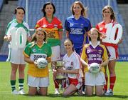 5 July 2010; 2010 marks the 10 year milestone of TG4’s sponsorship of the Ladies Football All Ireland Championships and the tenth year of the Ladies Football finals being televised by the national Irish language broadcaster. TG4 who became the title sponsors of the Ladies Football Championships in 2000 will broadcast 15 live championship games over the course of the summer. At the launch of the 2010 TG4 Ladies Football Championships at Croke Park are Junior players, back row, from left, Paula Donnelly, Limerick, Marian Hayden, Carlow, Caitriona McKeon, Wicklow, and Grace Lynch, Louth, with, front row, from left, Niamh Malone, Offaly, Gemma Watson, Derry, and Marguerite Doyle, Wexford. Croke Park, Dublin. Picture credit: Brendan Moran / SPORTSFILE