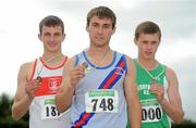4 July 2010; Winner of the U18 Boy's 400m Joseph Dowling, Dundrum South Dublin, centre, with second place Ronan Kelly, Galway City Harriers, left, and third place James Greene, Ferrybank, during the Woodie's DIY AAI Juvenile Track & Field Championships. Tullamore Harriers Stadium, Tullamore, Co. Offaly. Picture credit: Brian Lawless / SPORTSFILE